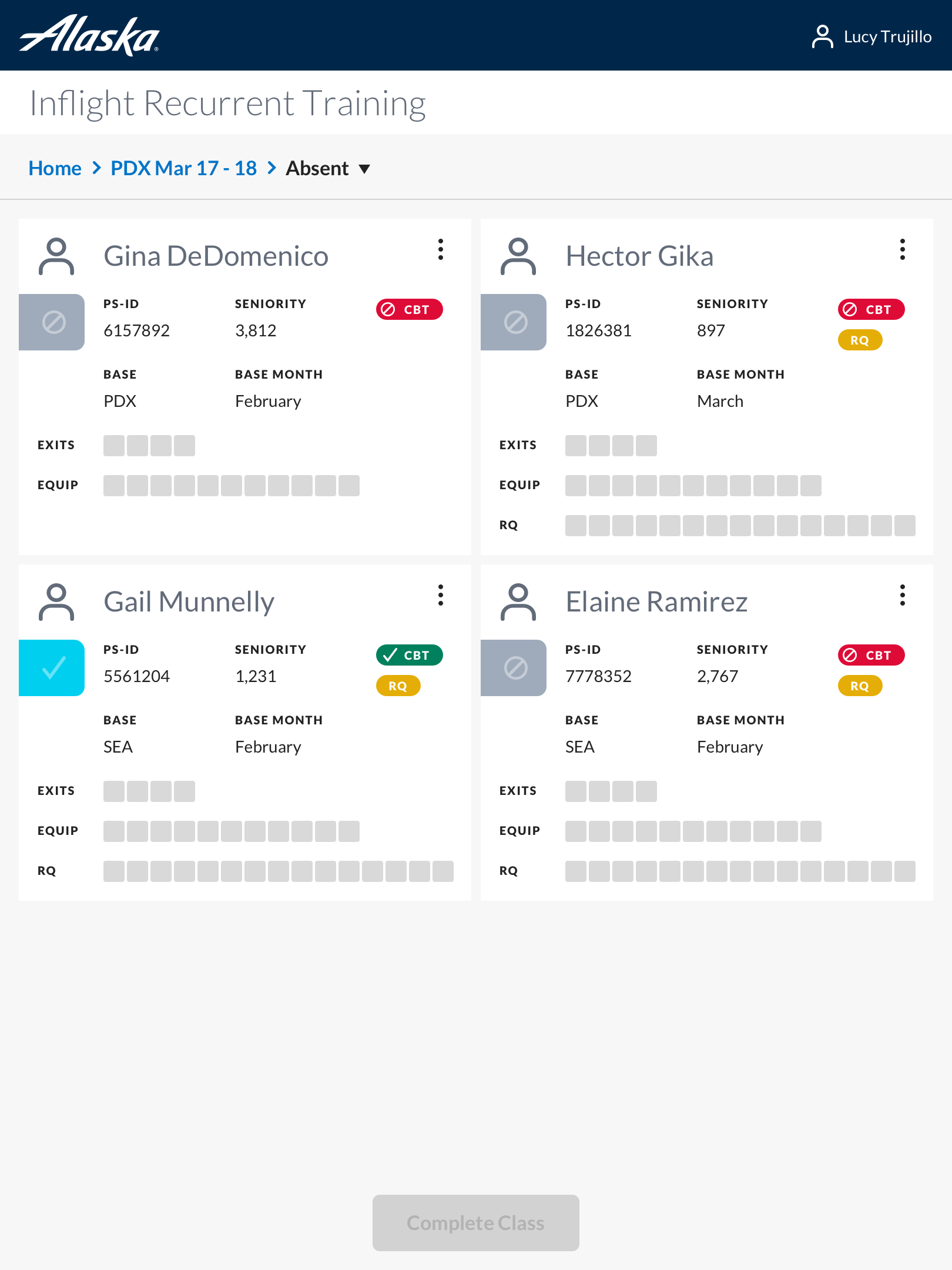 Class roster screen showing each trainee’s drill progress.
