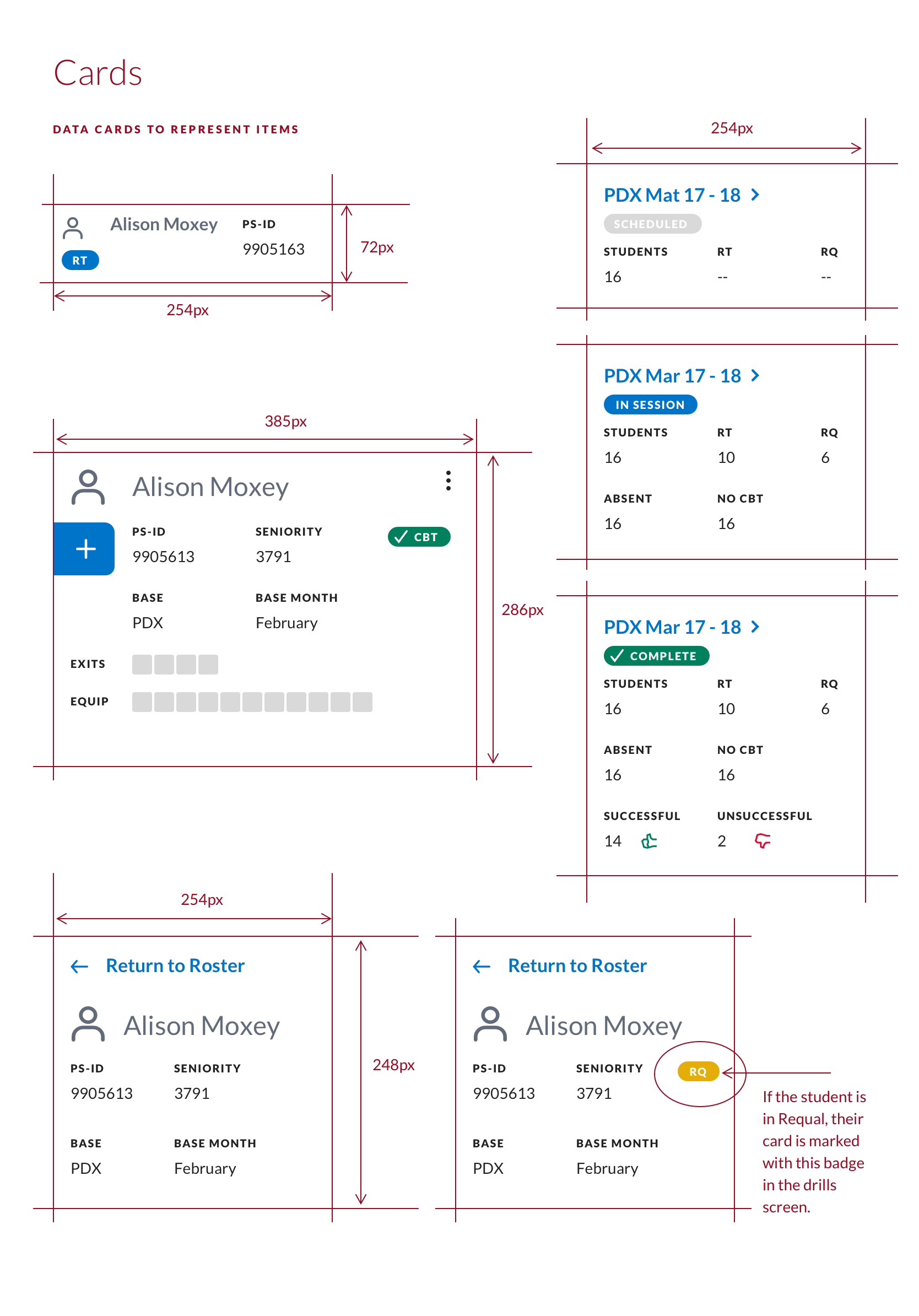 Design specification for the student status cards.