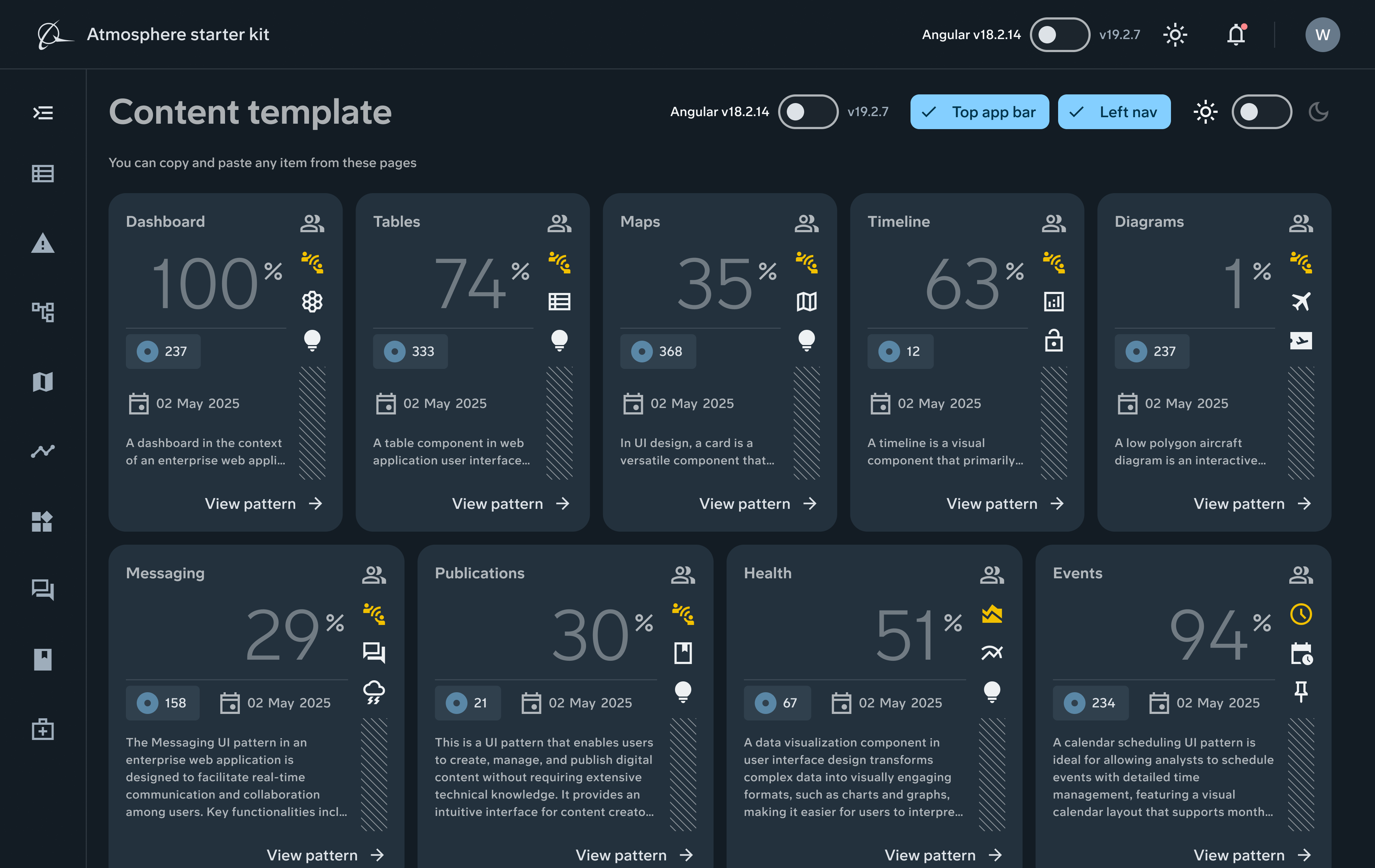 Early StarterKit concept showing data-rich cards in dark mode with full navigation