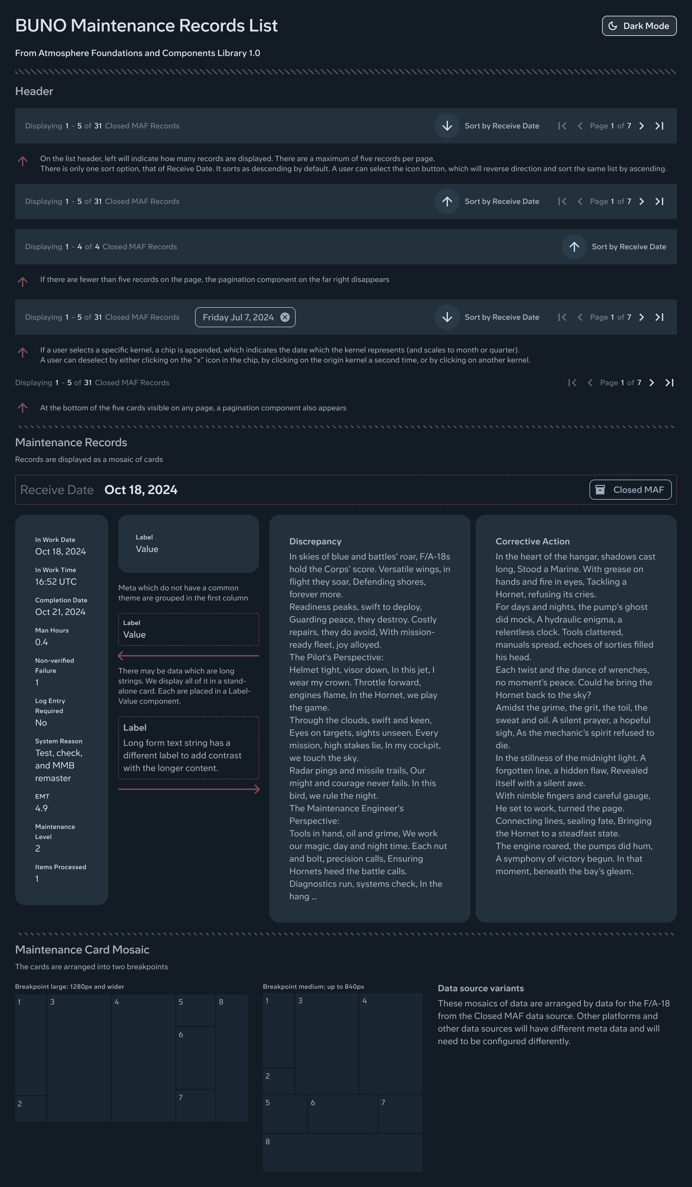 Records list components specification shown in dark mode