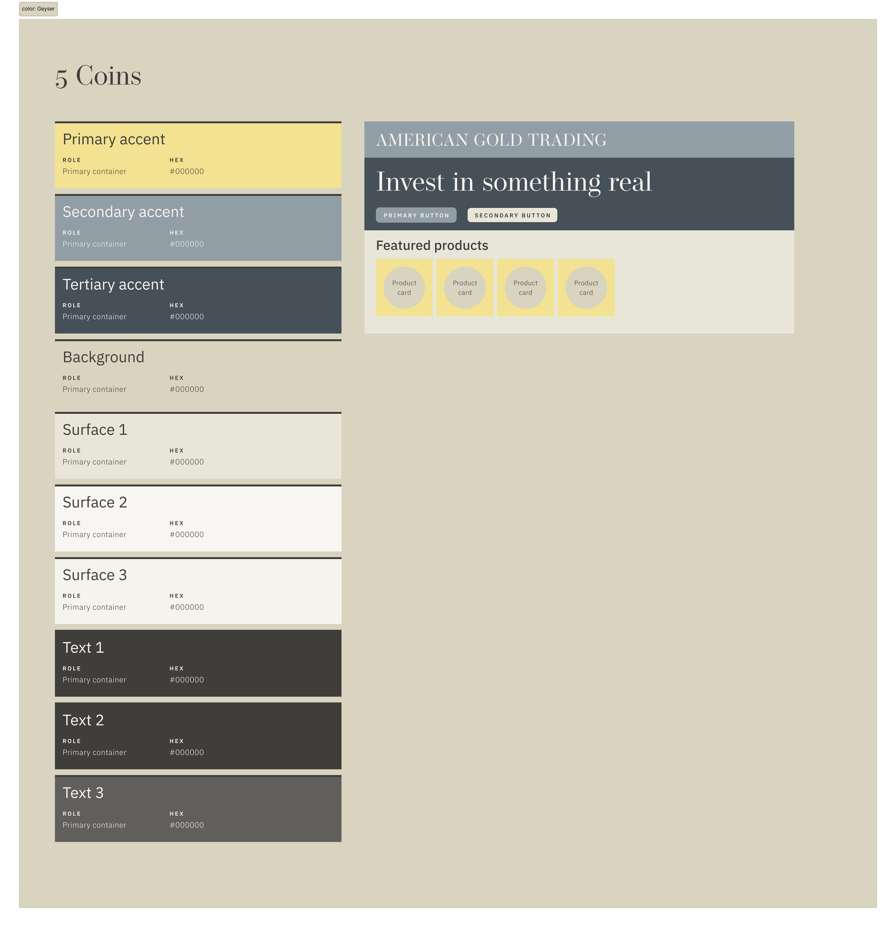 The Geyser color theme swatch board with recommended roles and a mood board.
