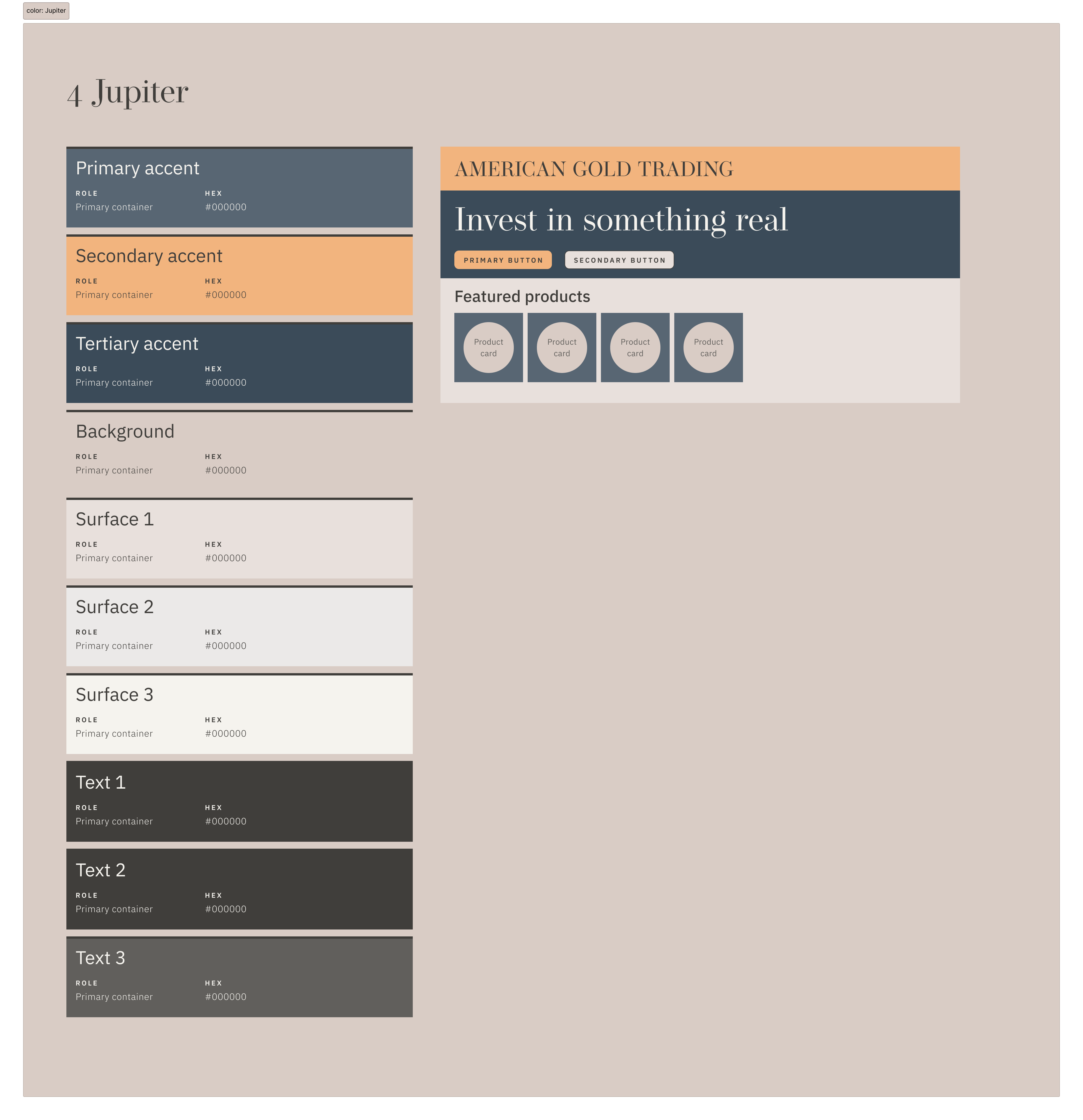 The Jupiter color theme swatch board with recommended roles and a mood board.
