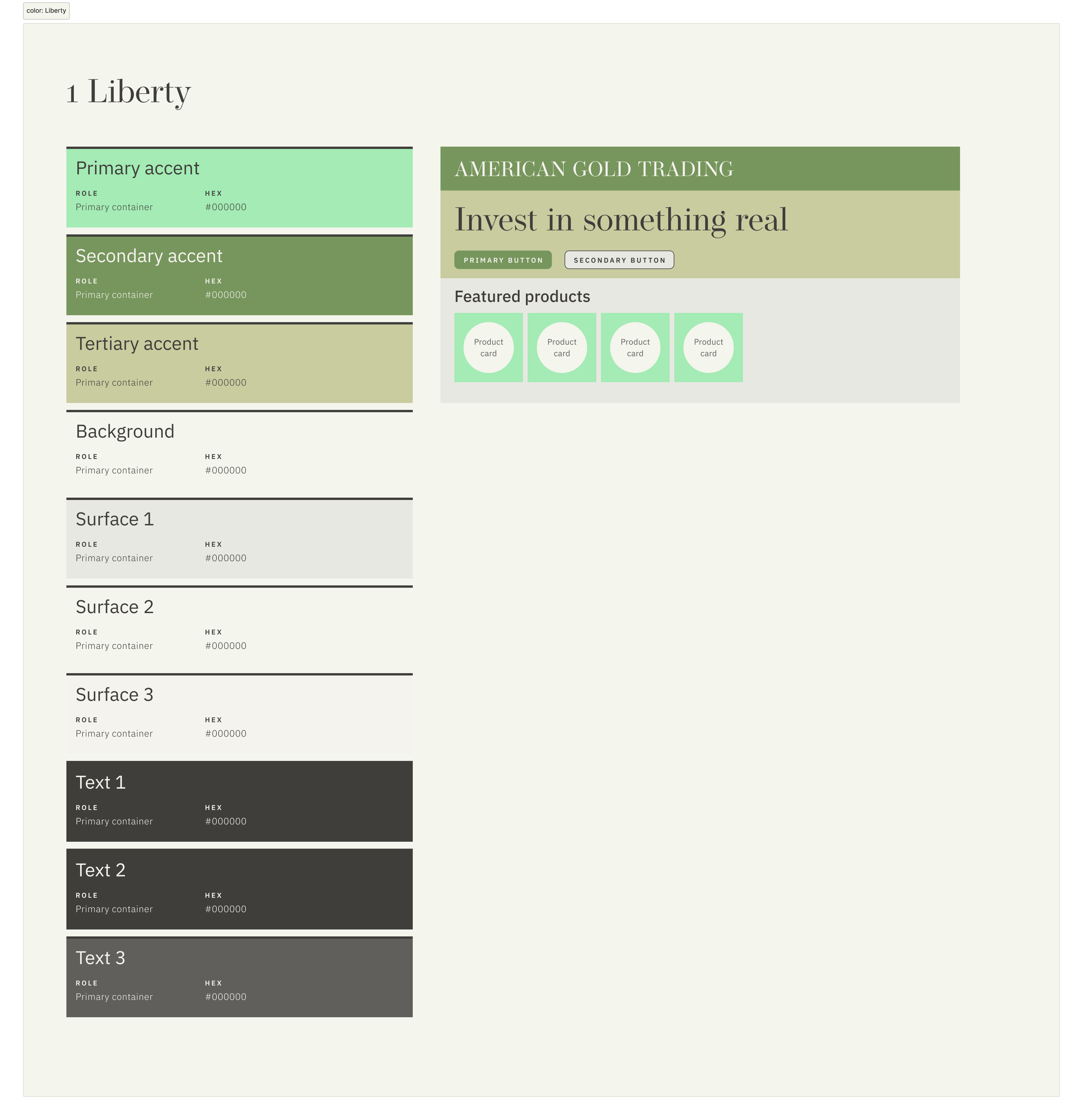 The Liberty color theme swatch board with recommended roles and a mood board.