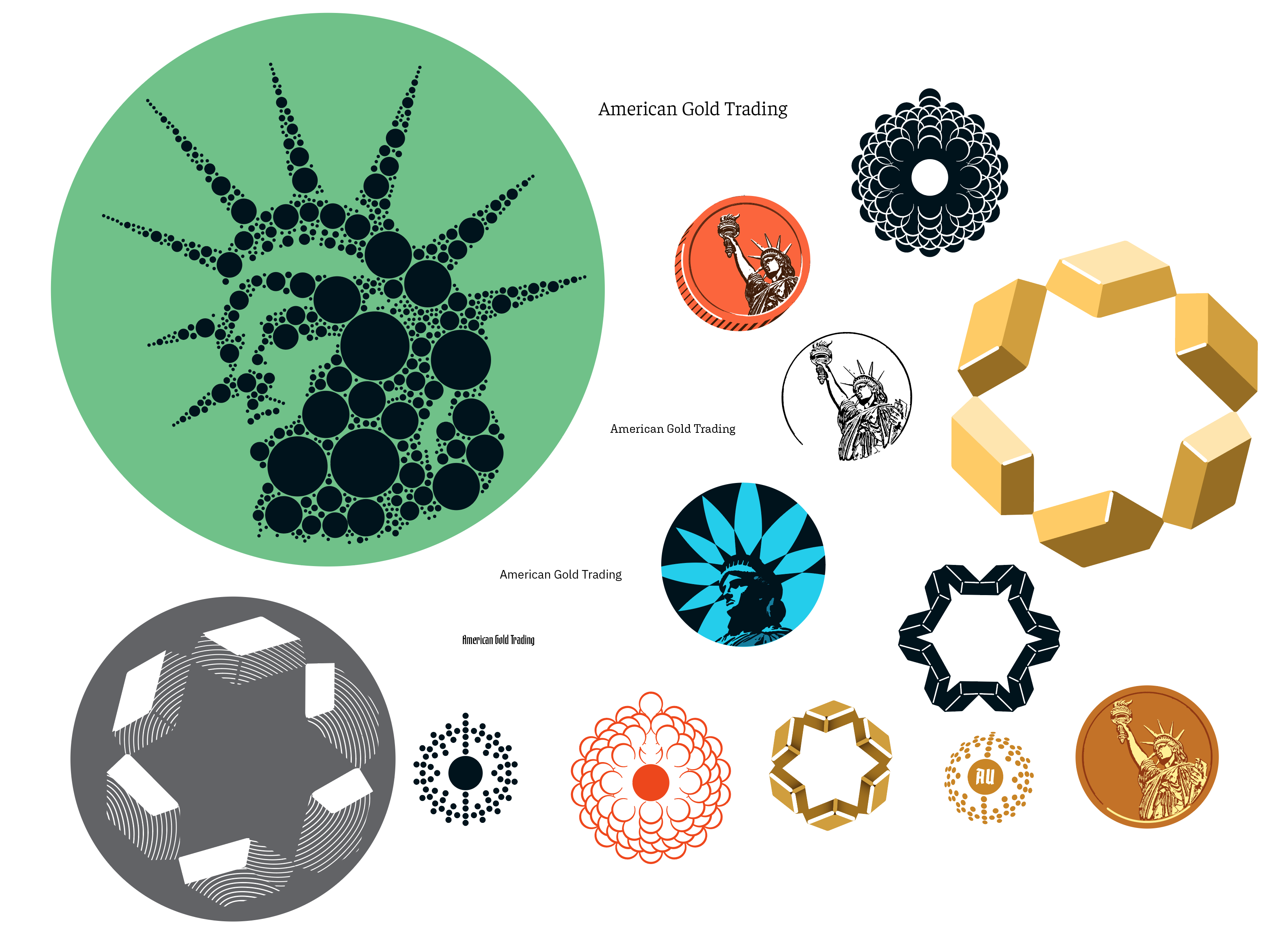 A grid of early, rough logo sketches exploring gold and patriotic themes for American Gold Trading.