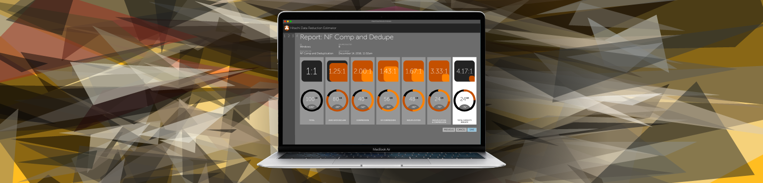 Hitachi Data Reduction Estimator report screen shown on a laptop against an abstract geometric background