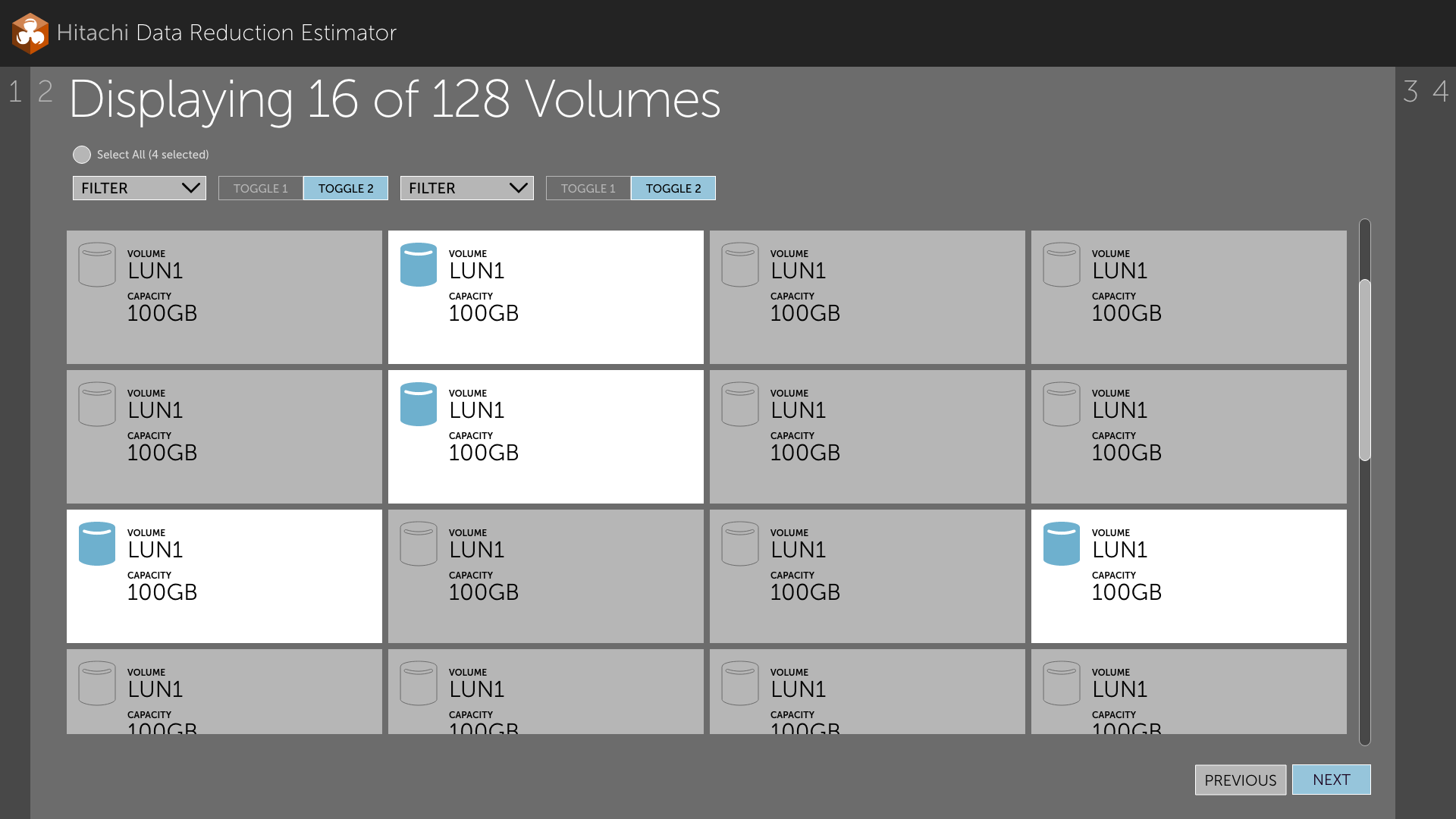 Volume cards showing the selected state with a different fill and icon