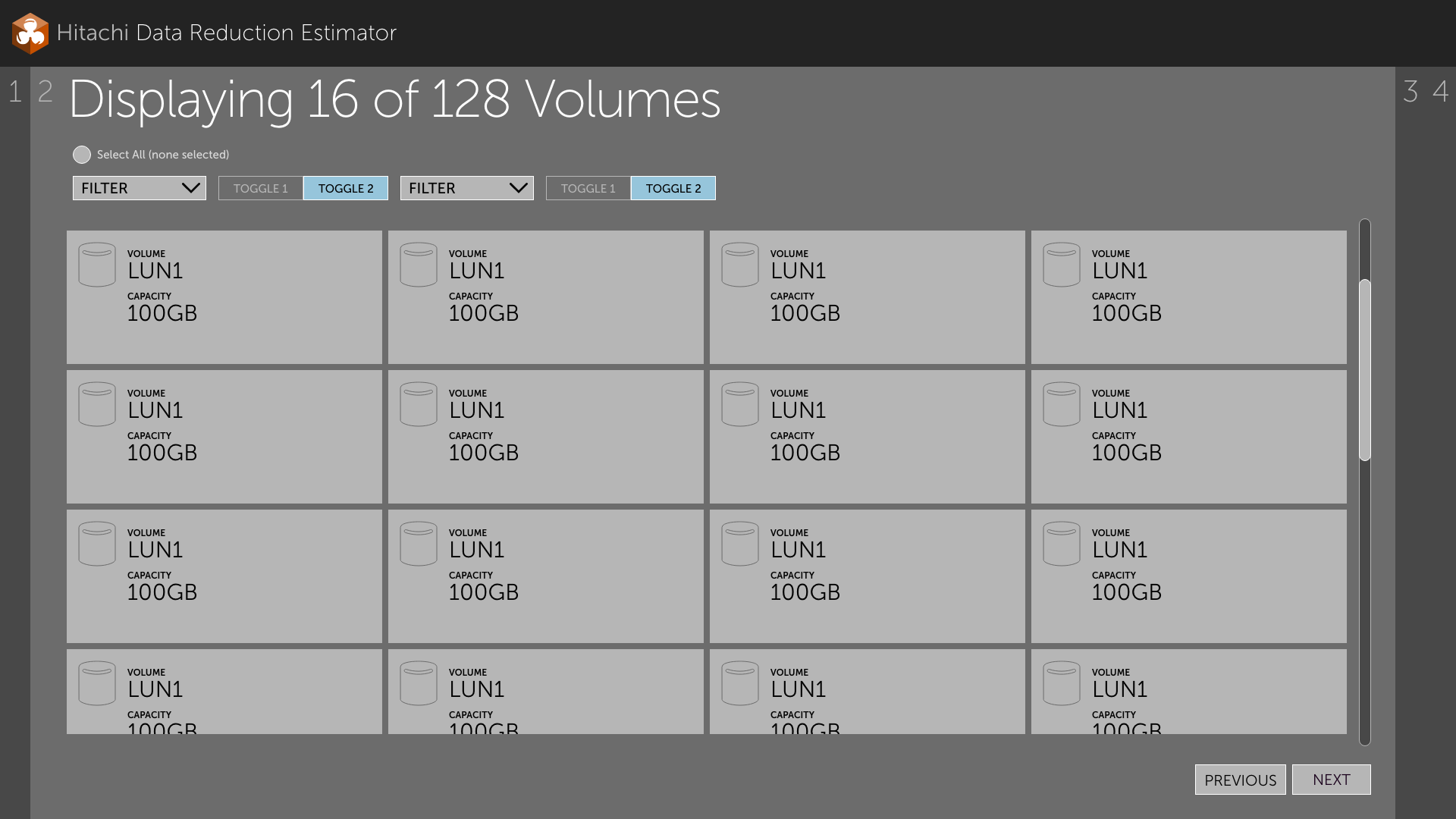 Grid of volume cards with a database icon substituting for a checkbox as the selection control