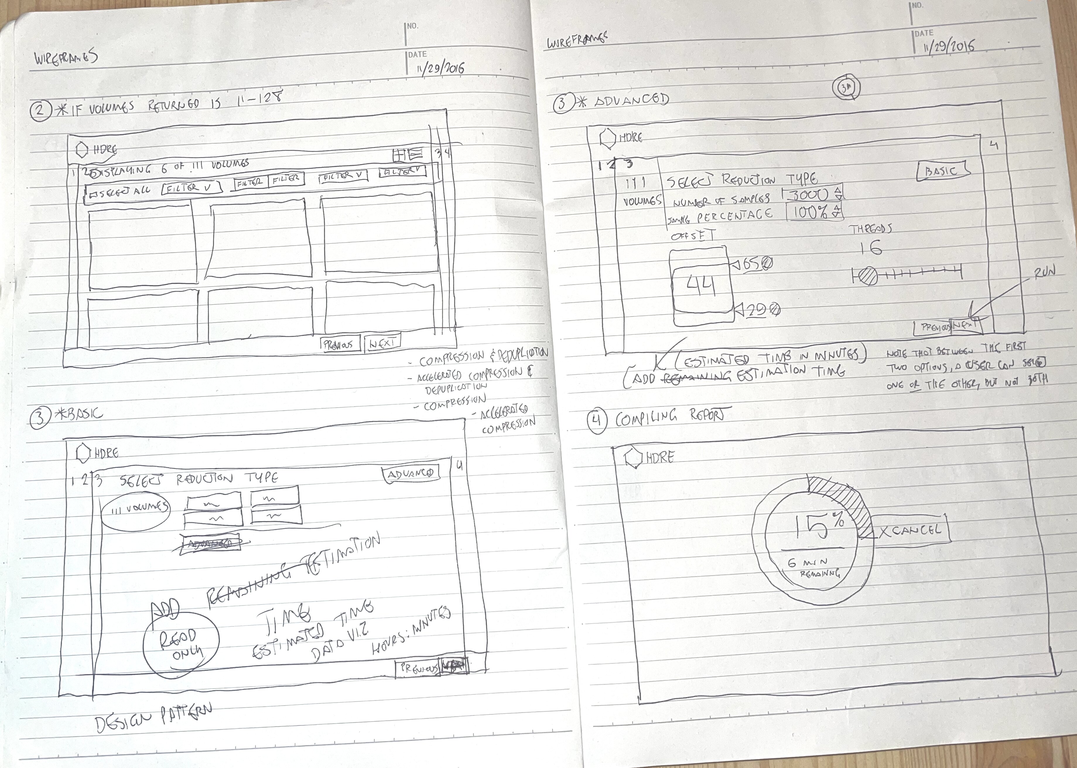 Early hand-drawn wireframe sketches for the estimator GUI