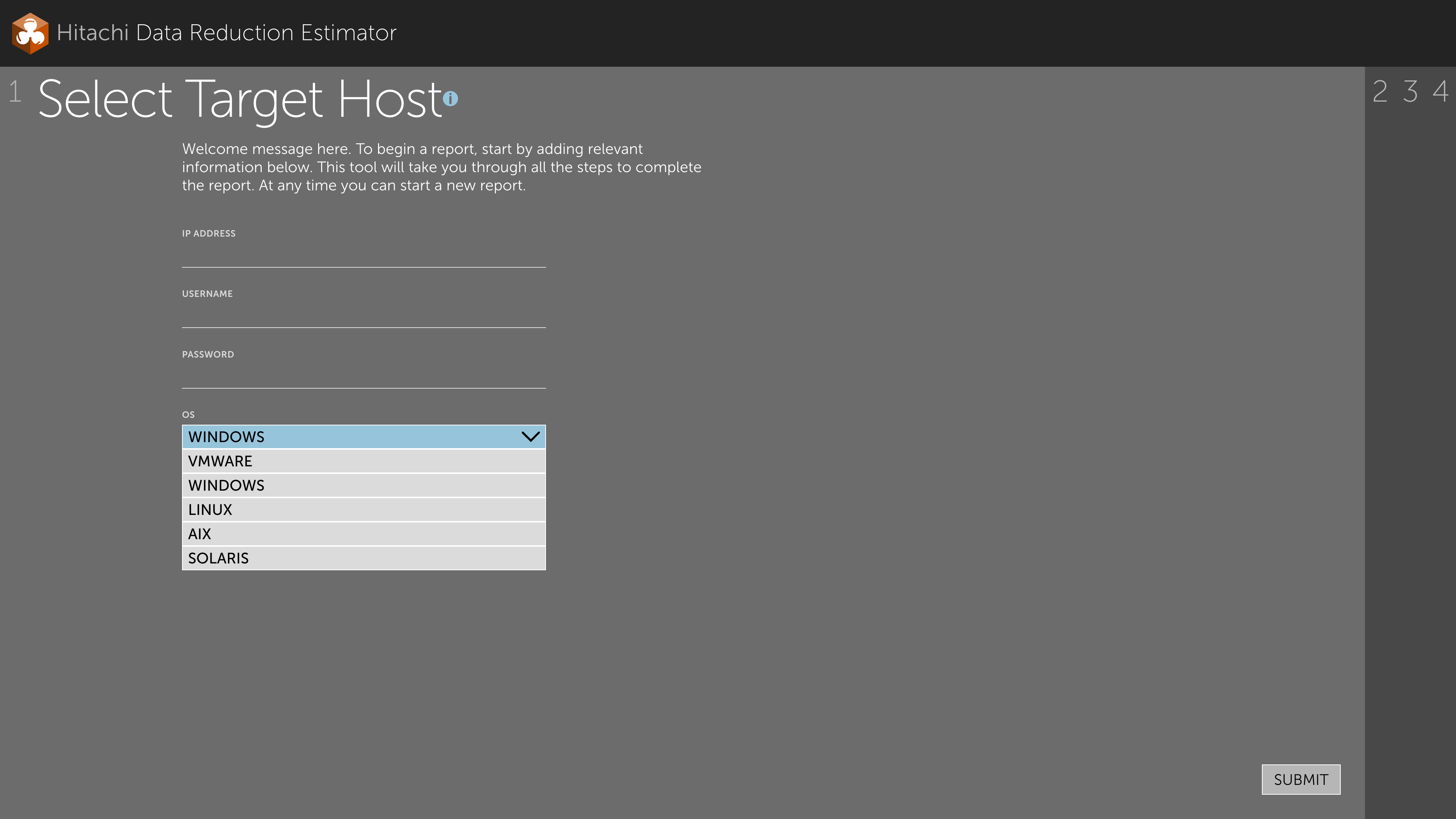 Target host screen where the administrator enters IP address, credentials, and operating system
