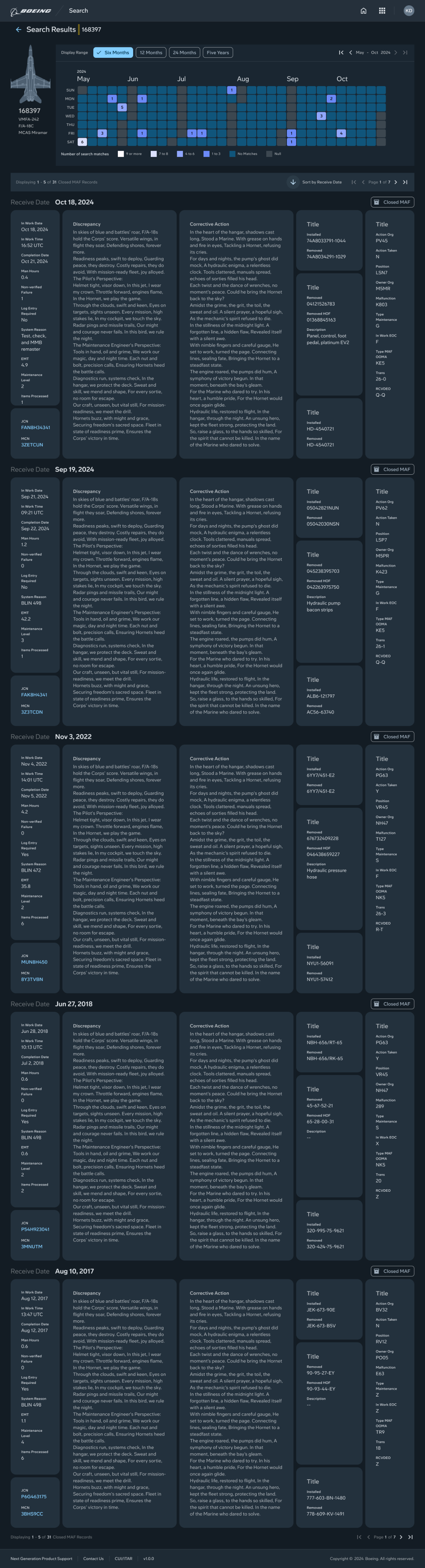 Full-height aircraft detail mockup demonstrating five maintenance records per page