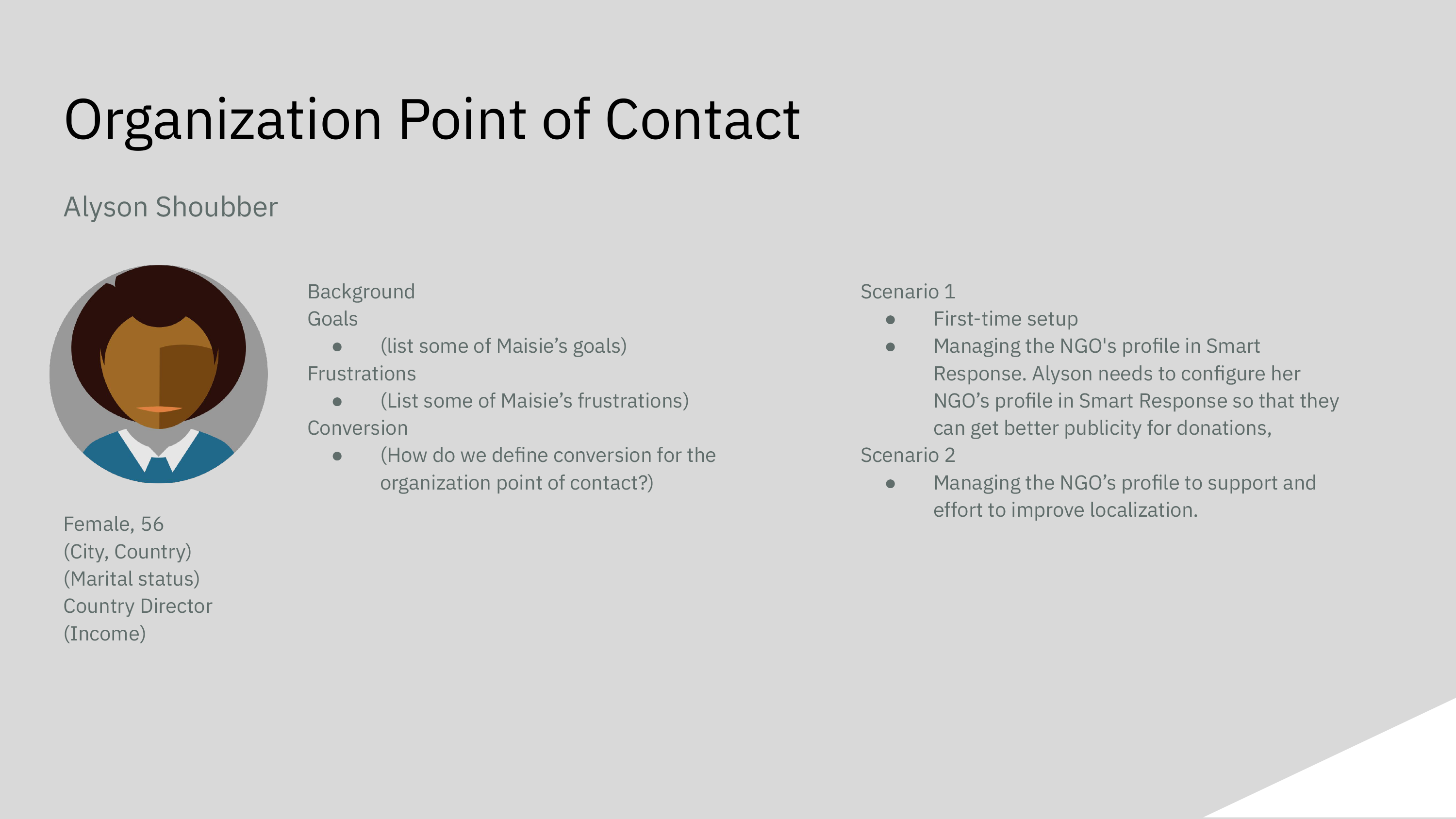 The intended, un-validated Organization Point of Contact persona used to plan the research