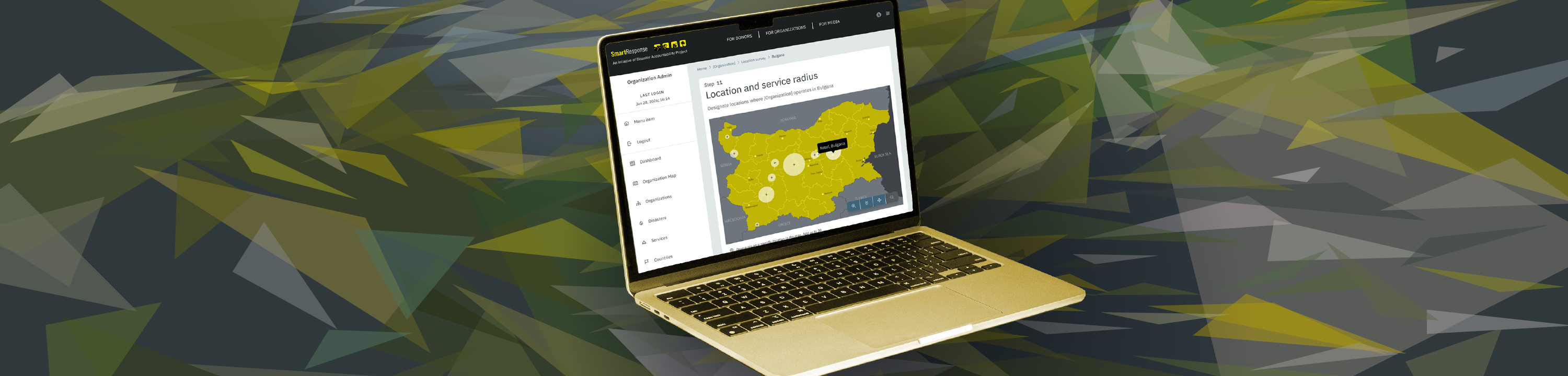 SmartResponse Location Specific Survey shown on an organization admin screen with a service-radius map of Bulgaria