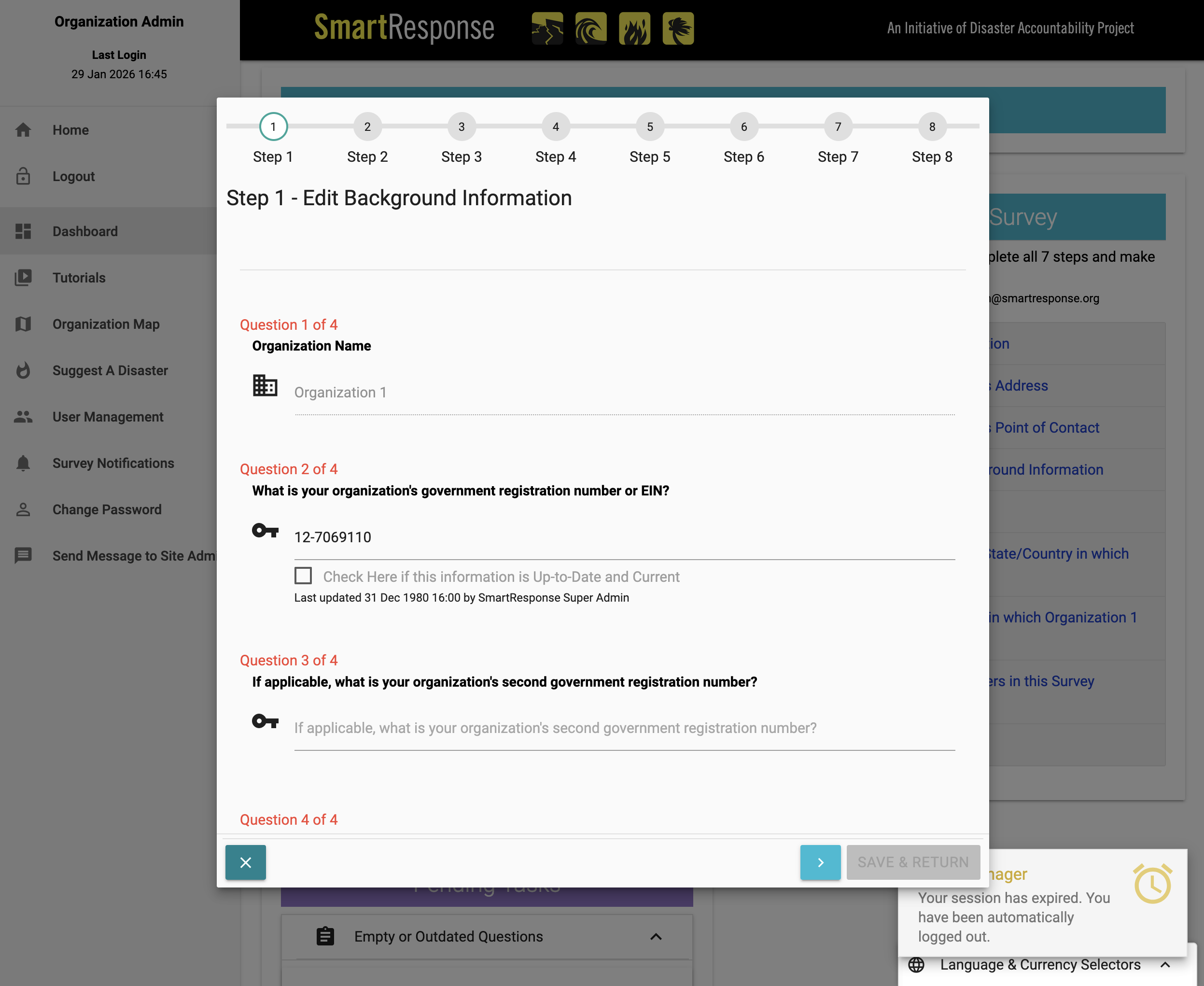 The original General Organization Background survey, Step 1, before the redesign