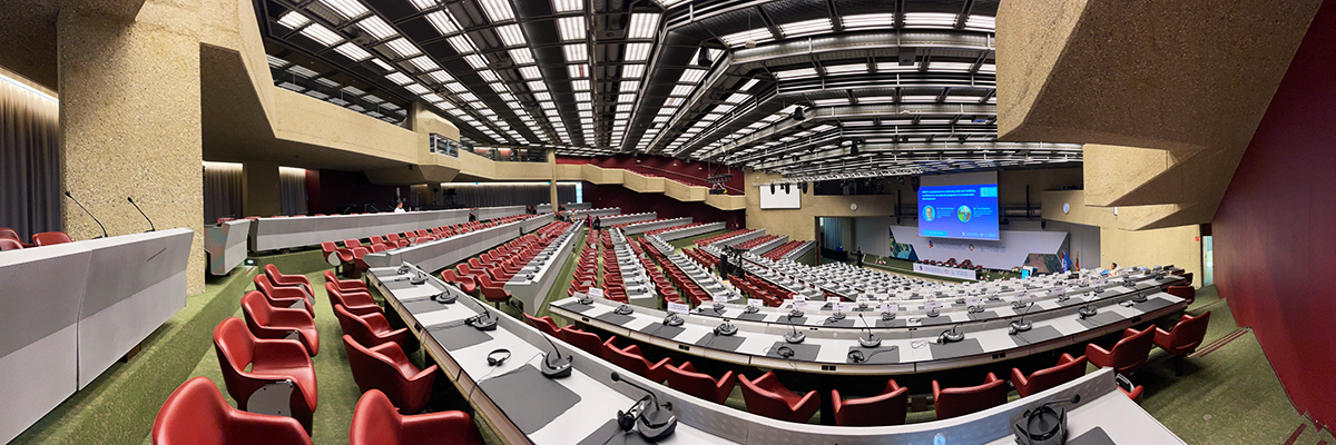 One of the expansive interior conference halls of the CICG with tiered red seating